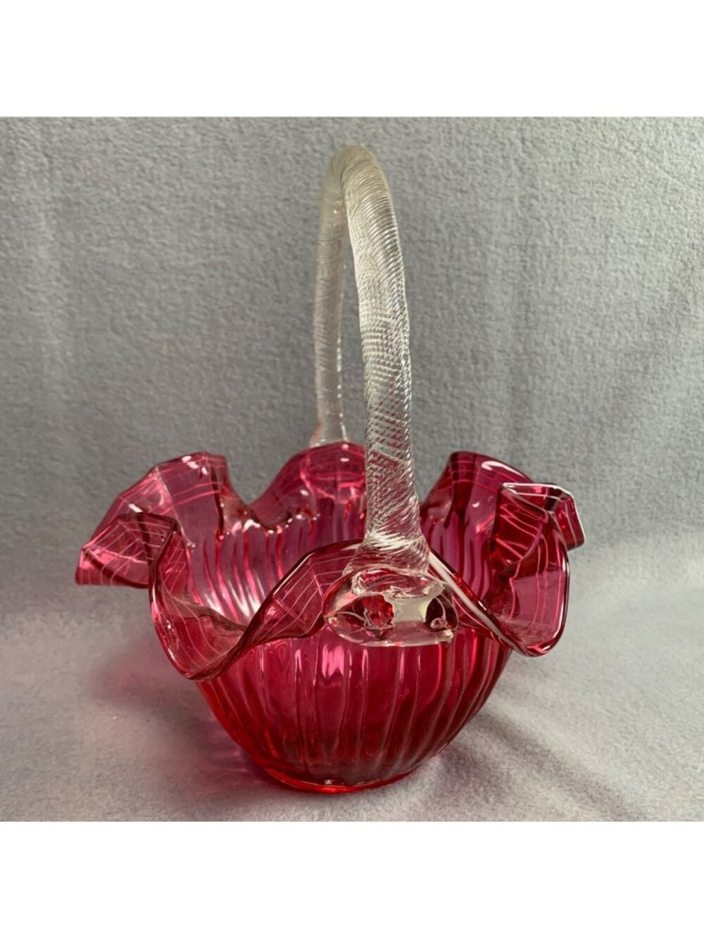 Hand-Blown Cranberry Glass Basket Ruffled Edge & Clear Handle Vintage - Picture 3 of 14